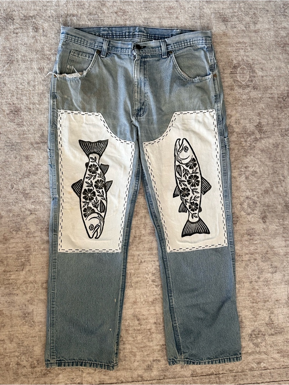 Upcycled Fish Block Print Double Knee Vintage Jeans